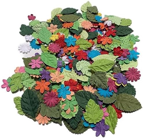 200 Pcs Handmade Mixed Mulberry Paper Flowers Petals and Leaves Scrapbooking Wedding DIY Craft Supplies Card (10 Colors Flowers/Green Tone Leaves)