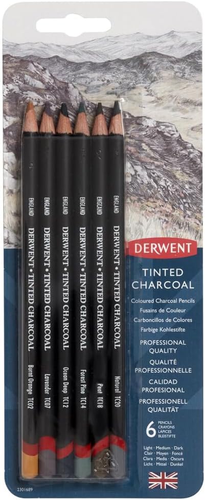 Derwent Tinted Charcoal Pencils, 4mm Core, Pack, 6 Count (2301689)