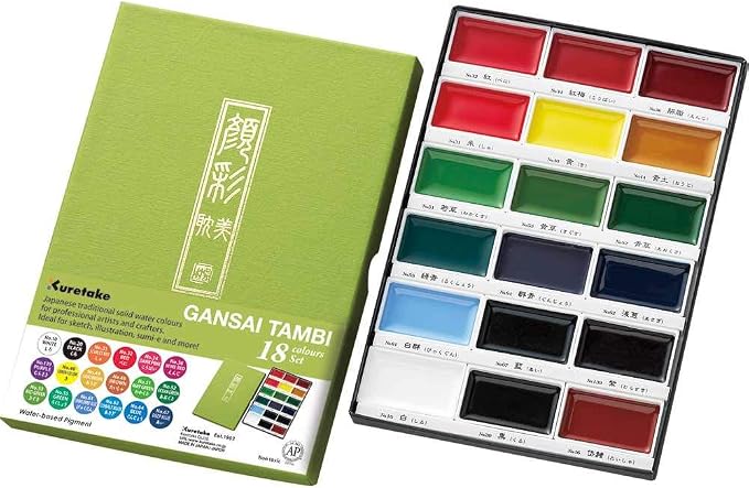 Kuretake Gansai Tambi Watercolor Paint Set, 18 Colors, Made in Japan | 18 vivid opaque colors, non-granulating pigment, large pans, palette & color chart, Professional Use, Artist Grade