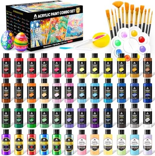 64 Pcs Classic & Metallic & Pastel Acrylic Paint Set with 12 Brushes, 2 Knives & Palette, 48 Colors (2oz/60ml) - for Adults, Kids, Artists & Beginners - Arts and Crafts Painting Kit