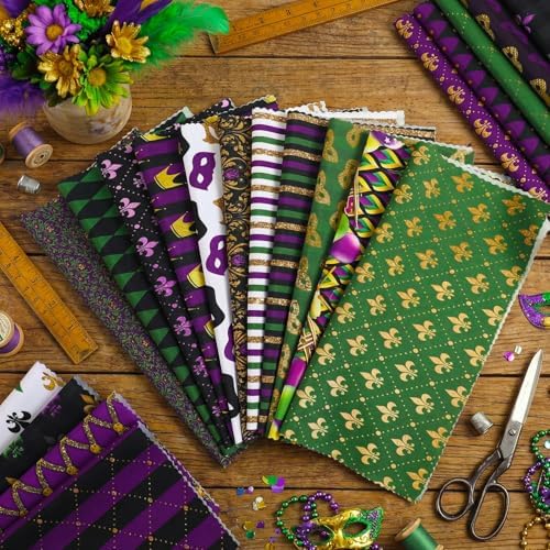 HunnmingRe 20 Pcs 10''x10'' Mardi Gras Quilting Fabric Square Bundle Lily Flowers Masquerade Precuts Quiltted Fabric Purple Green Gold Printed Patchwork Supplies for DIY Material Sewing Crafts