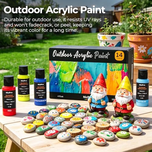 Nicpro 14 Colors Outdoor Acrylic Paint Set, 4oz Waterproof Acrylic Paints | Rich Pigmented Outdoor Paint for Beginners Artists on Rocks, Wood, Garden Statues, Crafts, Pumpkin, with Brushes & Sponge