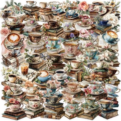 50 PCS Vintage Coffee Book Stickers for Scrapbooking Journaling Junk Journal Supplies -Retro Reading Sticker Waterproof Transparent PET Aesthetic Decals for Resin Crafts Decorative Art Crafts (Read)