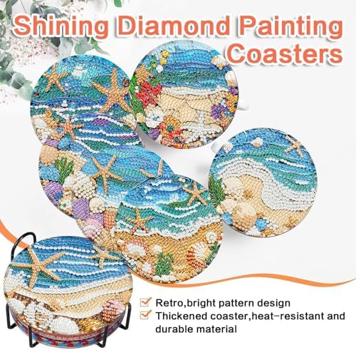 ijbnhd 8 Pack Diamond Art Coasters Kits Ocean (Cork Wooden Pad)