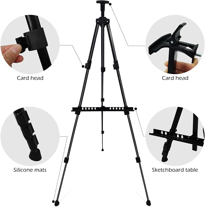 RRFTOK 17-66 Inch Adjustable Art Easel Stand for Painting and Sign, Black | Portable metal tripod easel for poster stand, display stand, canvas holder, adults and floor use