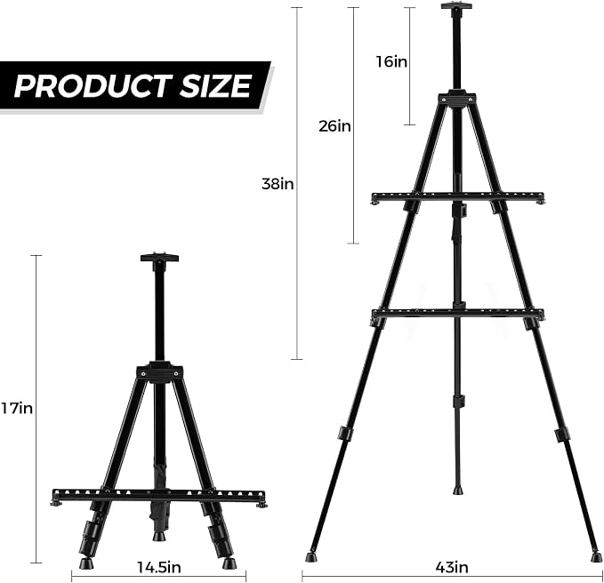 RRFTOK 2 Pack 17-66 Inch Art Easel Stand for Painting and Sign, Black | Portable folding metal tripod easel for display stand, canvas holder, adults, floor, sign, poster board and travel use