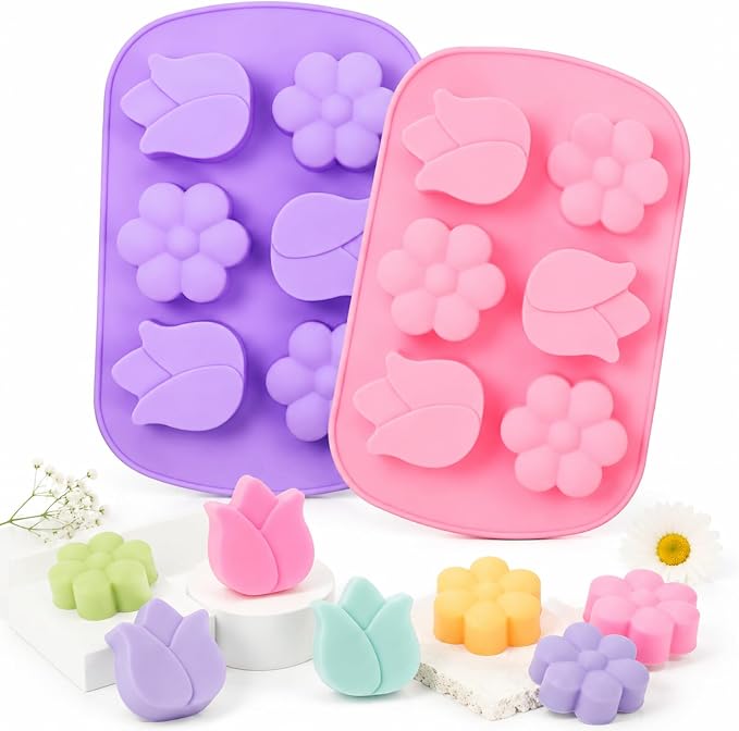 SJ Silicone Molds for Crafts, Tulip & Flower Resin Mold, 2 Pack 6 Cavity | Create Handmade Soap, Wax Melts, Resin Crafts & DIY Gifts, Flexible Material with Easy Release and Reusable Design