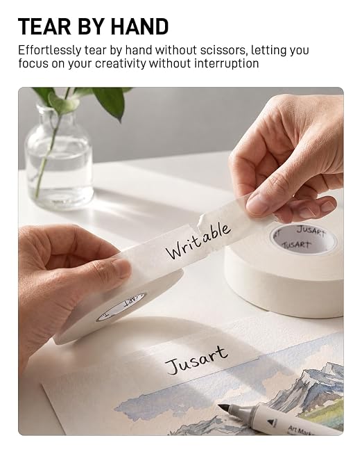 JusArt Artist Tape for Watercolor Paper, 1/2 inch and 1 inch Wide | 2-Roll Combo Pack, for Masking, Drafting and Painting, White Art Tape, Acid Free, Low Tack