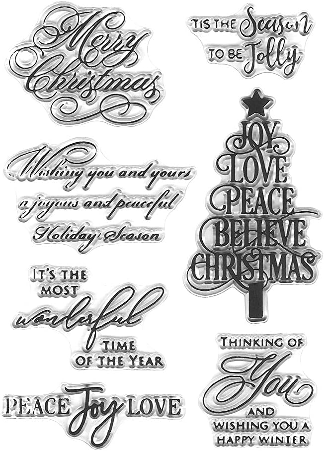 On-Airstore Merry Christmas Blessing Words Clear Stamps for Card Making Decoration DIY Scrapbooking, Christmas Handwriting Trees Transparent Rubber Seal Stamps for Photo Card Album Crafting Supplies