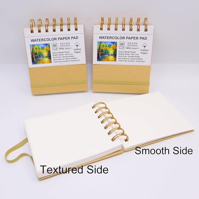 Mini Watercolor Paper Pads, 4x4, 3Pack, Kraft Hardcover Sketch Books, 140lb/300gsm Heavyweight Cotton Paper, Spiral Bound, Cold Pressed, Dual-Sided(Smooth&Texture),Painting Paper for Artists Students