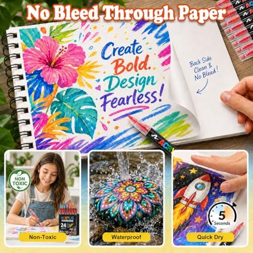 408 Acrylic Paint Markers with Storage Box, Soft Brush Tip Acrylic Paint Pens + 20 Refills, No Bleed Quick-Dry Waterproof Acrylic Markers Set for Rock Painting, Canvas, Wood, Glass, Crafts