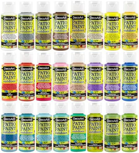 DecoArt Patio Outdoor Paint Set – 24 Pastel Colors (2 fl oz Bottles) – Outdoor Weatherproof Permanent Paints for Crafts, Planters & Home Décor