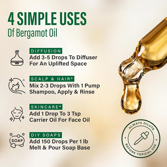 Kukka 100% Pure Bergamot Essential Oil for Skin, Diffuser, 4 Fl Oz | Italian Undiluted Citrus Oil for Diffuser, Aromatherapy, Scalp & Massage Blends, with Dropper