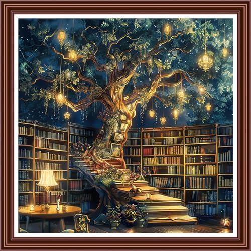 Dimensean Counted Cross Stitch Kit for Beginners, 11CT Unprinted Cross-Stitch Kit Easy Patterns Needlepoint Kit Cross Stitching Embroidery Kit Supplies-Life Tree Bookstore 18x18 inch