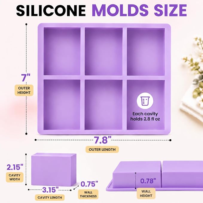 SJ Rectangle Soap Mold Set, 3-Pack 6-Cavity Silicone Soap Molds | For Homemade Craft Soap, Jelly, Chocolate & Ice Cube Trays, Food Grade Silicone, Easy Release, Reusable