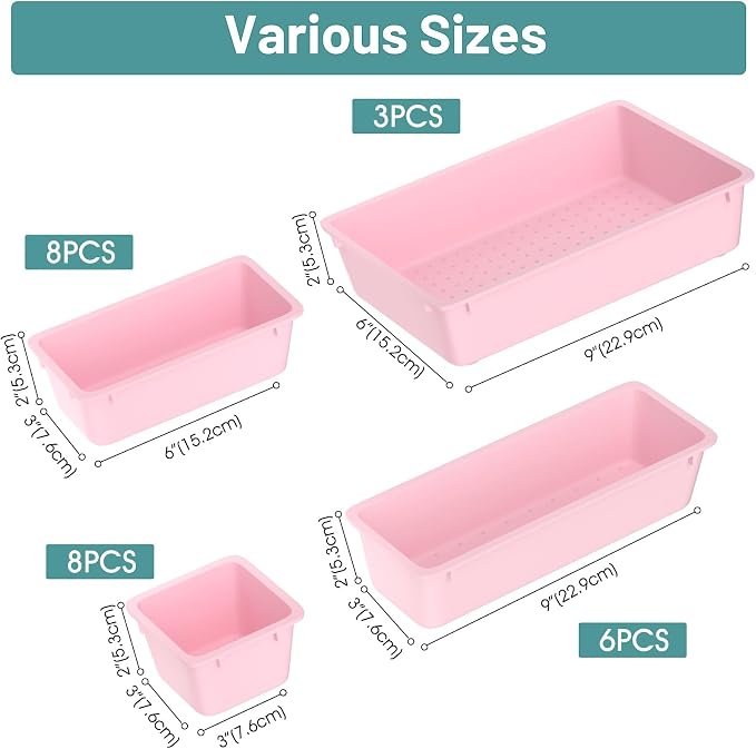 25 PCS Plastic Drawer Organizer Set, Makeup Organizers and Storage Bins | 4 Sizes Desk Drawer Divider Organizers and Storage Bins for Jewelry, Gadgets for Kitchen, Bedroom, Bathroom, Office, Pink