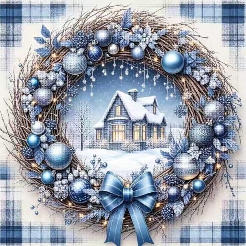 KYOQFVN Winter Stamping Cross Stitch Kit, 11 CT Christmas House Cross Stitch Kits for Adults, Full Line DIY Stitching Kit for Home Decor Cross Stitch Patterns 14x14 inches