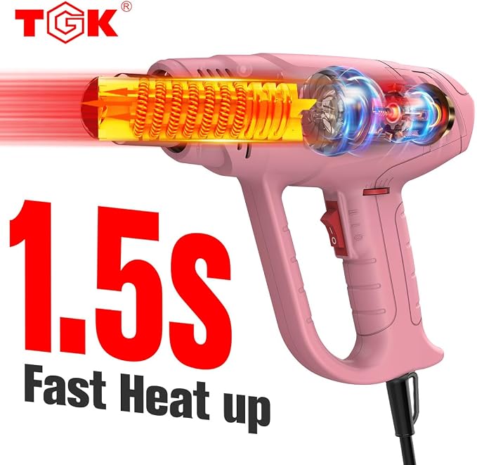 Heat Gun, TGK® 1800W Heavy Duty Hot Air Gun Kit 122℉~1202℉ Dual Temperature Settings with 6 Nozzle Attachments Overload Protection for Crafts, Shrink Wrapping/Tubing, Paint Removing, Epoxy Resin