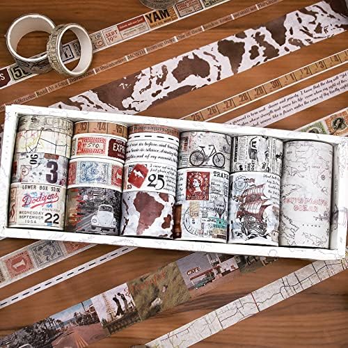 Vintage Washi Tape 18 Rolls & 15 Map Stickers Set,75/50/30/25/20/15/10/5mm Newspaper,Stamps,Old Letters,Holiday,Posters,Travels Adhesive Tape for Journaling,Scrapbook Supplies, Arts&Crafts(World)