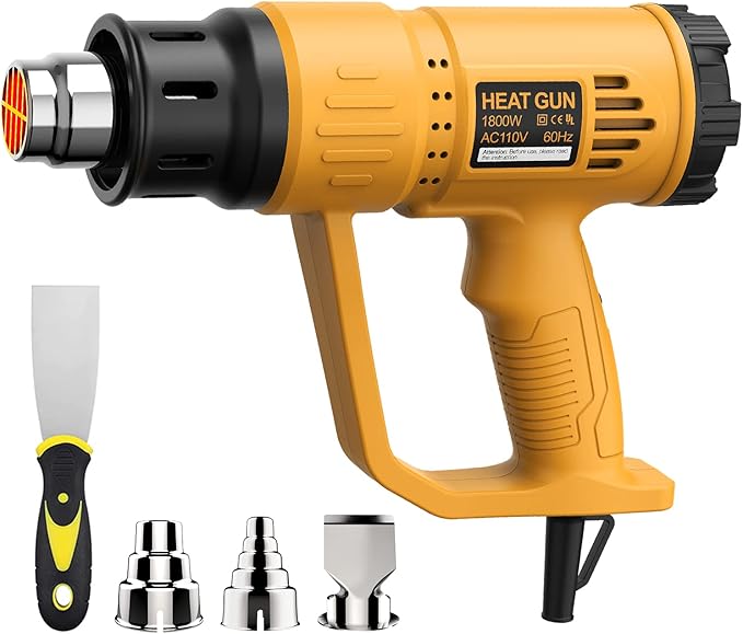 Heat Gun, TGK® 1800W Heavy Duty Hot Air Gun Kit 662℉ & 1112℉ Dual Temperature Settings with 4 Nozzle Attachments Overload Protection for Crafts, Shrink Wrapping/Tubing, Paint Removing, Epoxy Resin