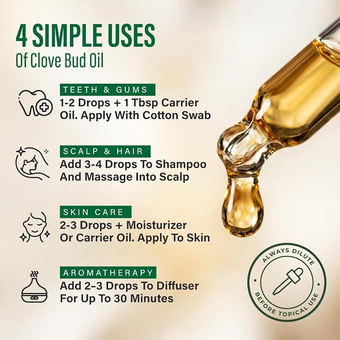 Kukka 100% Pure Clove Essential Oil for Skin, Diffuser, 4 Fl Oz | Eugenol-Rich, Steam Distilled, GC-MS Tested, Dropper - for Teeth, Gums, Hair, Skin Care, Diffuser, Aromatherapy
