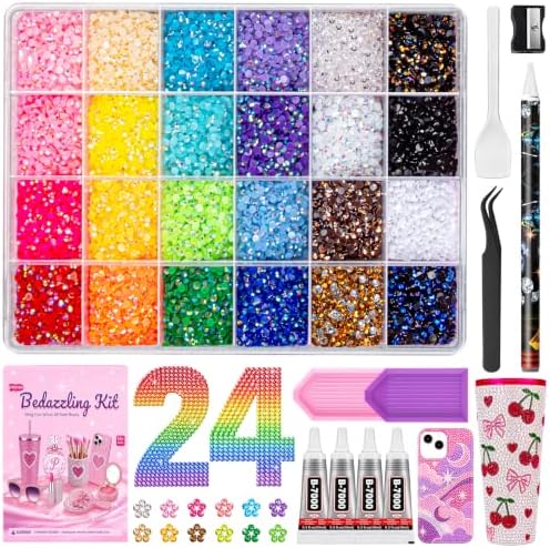 36000Pcs Bedazzling Kit with Rhinestones, 24 Colors 3mm Resin Jelly Flatback Gems, All-in-One Bedazzler Kit with 4Pcs B7000 Glue & Tools, DIY Diamond Art Craft Kit for Clothes Shoes Phone Cases Gifts