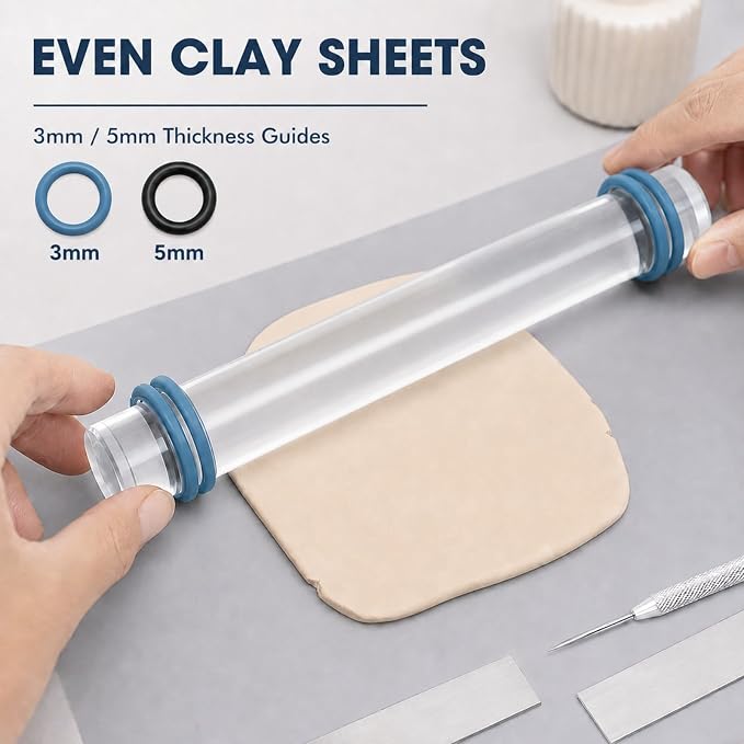 DIYOOHOMY 18 Pcs Polymer Clay Tools Kit, Rolling Pin with Thickness Rings | Air Dry Clay Jewelry Earring Making Set Sculpting, Small Acrylic Roller, Dotting, Tissue Blades Cutters Craft Knife, Needle