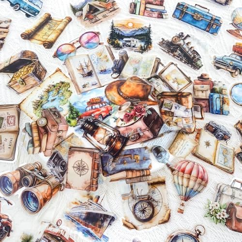 50PCS Vintage Travel Adventure Clear Scrapbook Stickers – Retro Outdoor Expedition Aesthetic, Waterproof Decorative Antique Decals for Journaling, Luggage, Laptop, Art Ablum Supplies