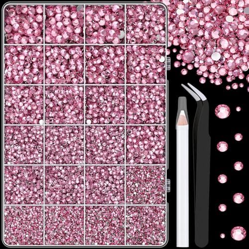 25000Pcs Resin Rhinestones with Tweezers for Crafting, Dark Pink 2-6mm Mixed Sizes Non Hotfix Flatback Gems, Bedazzling Crystal for DIY Craft Clothing Mugs Tumblers Shoes Fabric Decor Nail Art
