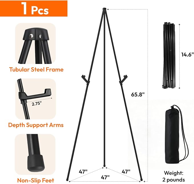JEAWIWI 1 Pcs Lightweight Easel Stand, 66 Inch, Black, with Carry Bags | Adjuetable Portable Metal Easel for Posters, Foam Boards, Signs, Art Displays, Indoor Events, Trade Shows, for Home & Office