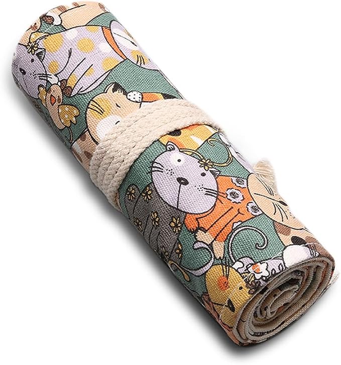 DIYOMR 24/36/72 Slots Pencil Wrap Pencil Rolls, Artist Colored Pencils Roll Up Bag Short Brushes Pouch Case Pencils Organizer for Drawing Coloring and Sketching, NO PENCILS (Cuddly Cat, 36slots)