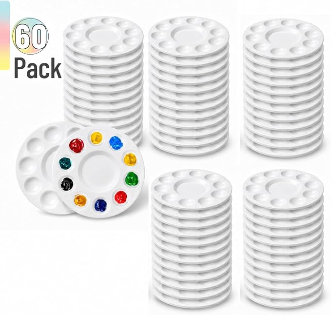 Mr. Pen- Bulk Round Paint Tray Palettes, 60 Pack, White Plastic Palettes | with 10 Wells for Students, Adults, Kids, Paint Holder, DIY Craft Class, Painting