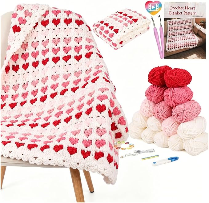 Arborthread Blanket Crochet Kit for Beginners, Crochet Heart Blanket Kit with Soft Chenille Yarns, Detailed Video & Instructions for Adults & Kids – Featuring a Heart Pattern & Edging, Pink