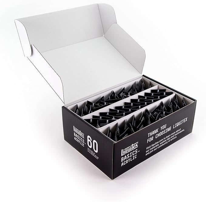 Liquitex BASICS Acrylic Paint Set, 60 x 22ml (0.74-oz) Tubes | Medium Viscosity, Satin Finish, Lightfast, Fine Art Pigments, Range of Opacities, Easy Blending