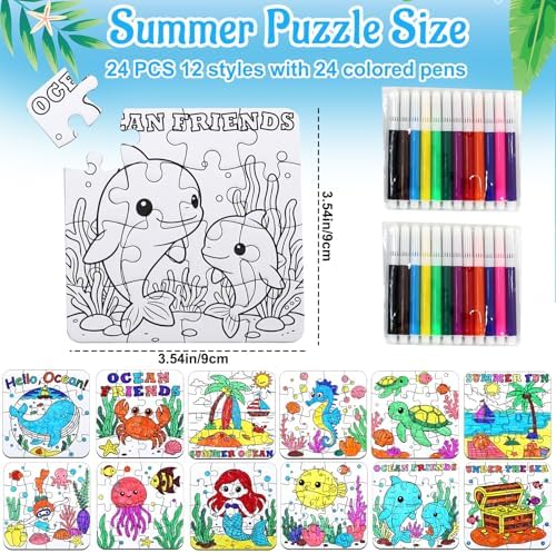 24 Set Summer Crafts for Kids Adults Bulk, Summer Activities DIY Puzzle with Ocean Mermaid Fish Starfish Animal, Camp Beach Arts Jigsaw Classroom Gifts, Under the Sea Theme Party Favors Coloring Games