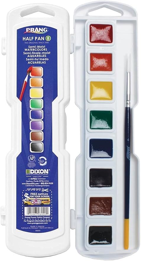 Prang Semi-Moist Watercolors 8-Color Half Pan Paint Set, Pack of 1 | Refillable, Size 6 Paint Brush Included