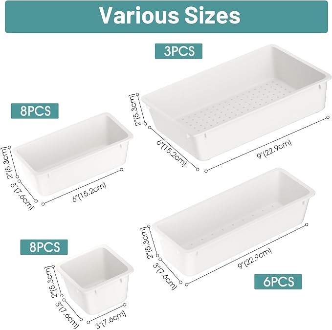 25 PCS Plastic Drawer Organizer Set, Makeup Organizers and Storage Bins | 4 Sizes Desk Drawer Divider Organizers and Storage Bins for Jewelry, Gadgets for Kitchen, Bedroom, Bathroom, Office, White