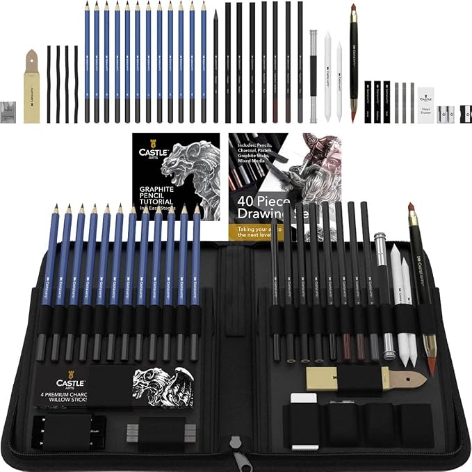 Castle Art Supplies 40 PieceDrawing, Sketching and Charcoal Set for Artists | Pencils, charcoal, and graphite for artists, professionals, and beginners alike - carry-anywhere zipper case included