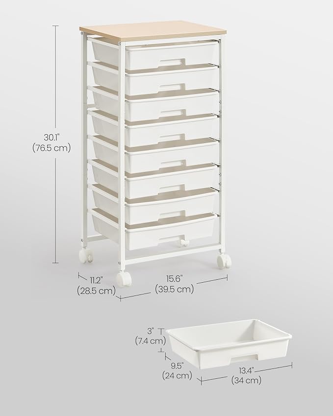 VASAGLE Rolling Cart with Drawers, Craft Organizers and Storage, White