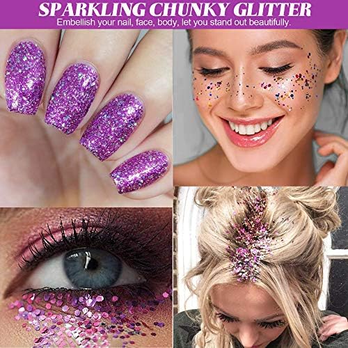 HEMOER Holographic Chunky Glitter, 12 Colors Sparkle Sequins, Mix Exclusive Polyester Glitter Set for Epoxy Resin, Tumblers,Crafts, Makeup, Festival Party Decoration - 0.42oz Each Bottle