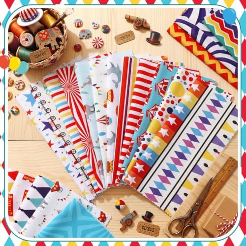 HunnmingRe 20 Pcs 10''x10'' Carnival Circus Quilting Fabric Square Precuts Quilted Fabric Bundle Monkey Striped Printed Sewing Material for Halloween Patchwork Scrapbook Junk Journal DIY Craft