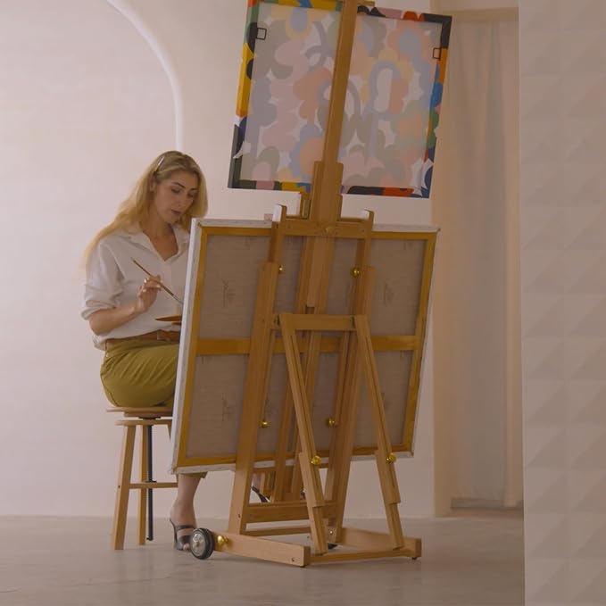 Artist Easel for Painting: Solid Beech Wood Art Easel Stand with Upgrade Hardware-H Frame Hold 2 Canvases up to 78"- Floor Painting Easel for Adults with Wheels