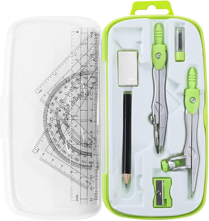 Unjoo Math Geometry Set 10 Pcs, Compass and Protractor for Students(Green) | Shatterproof Storage Box,Rulers,Protractor,Compass,Eraser,Pencil Sharpener,Lead Refills,Pencil,for Classroom, Back to School