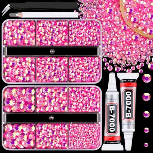 Resin Jelly Rhinestones for Crafting with B7000 Jewelry Glue, 2 Boxes Hot Pink AB Flatback Crystals with 2Pcs 10ml Glue, Bedazzling Non Hotfix Gems for DIY Tumblers Clothing Shoes Manicure