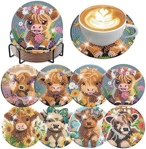 ijbnhd 8 Pack Highland Cow Diamond Art Coasters Kits