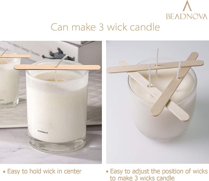 BEADNOVA Candle Wicks Set 150 Pcs Candle String Cotton Wicks with 50 Pcs Wooden Holders Centering Device for Making Supplies DIY (4, 6, 8 Inch)