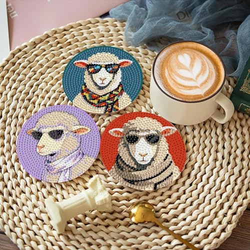 8 Pcs Sheep Diamond Art Coasters with Holder,DIY Sheep Wearing Glasses Diamond Painting Coasters Kits with Cork Pads,5D Full Round Drill Rhinestone Painting Art Crafts for Holiday Gifts 4X4 Inch.