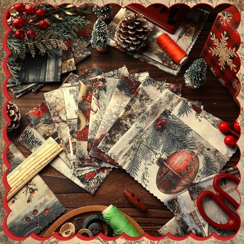 HunnmingRe 20 Pcs 10''x10'' Vintage Red Christmas Quilting Fabric Square Bundle Snowman Precuts Quiltted Fabric Santa Nutcracker Printed Patchwork Supplies for Winter Xmas Patchwork DIY Sewing Craft