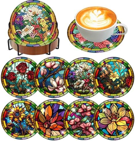8 Pcs Diamond Art Coasters Kit for Adult with Holder, Diamond Coaster 4x4in