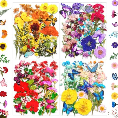 MIKIYA 103Pcs Dried Pressed Flowers with Butterfly Stickers for Resin Molds, Real Natural Bulk Dry Floral Leave for DIY Art Crafts, Epoxy Jewelry, Candle, Soap Making, Nails Decors